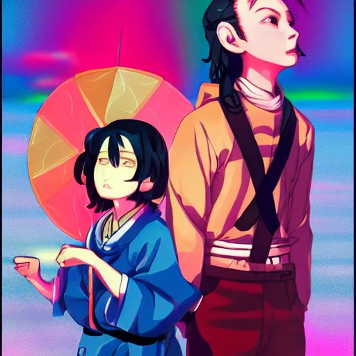 Image similar to Tanjiro Kamado and Nezuko Kamado; psychedelic; 4K; anime; artstation; art style of Ross Tran and Ilya Kuvshinov; LSD; rainbow