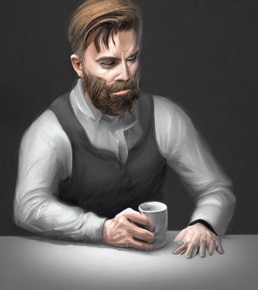 Prompt: Portrait of Antti Kervinen drinking coffee, in the park, charchoal drawing, dimly lit, wispy smoke, intricate, highly detailed, digital painting, artstation, concept art, sharp focus, illustration, art by einar jonsson