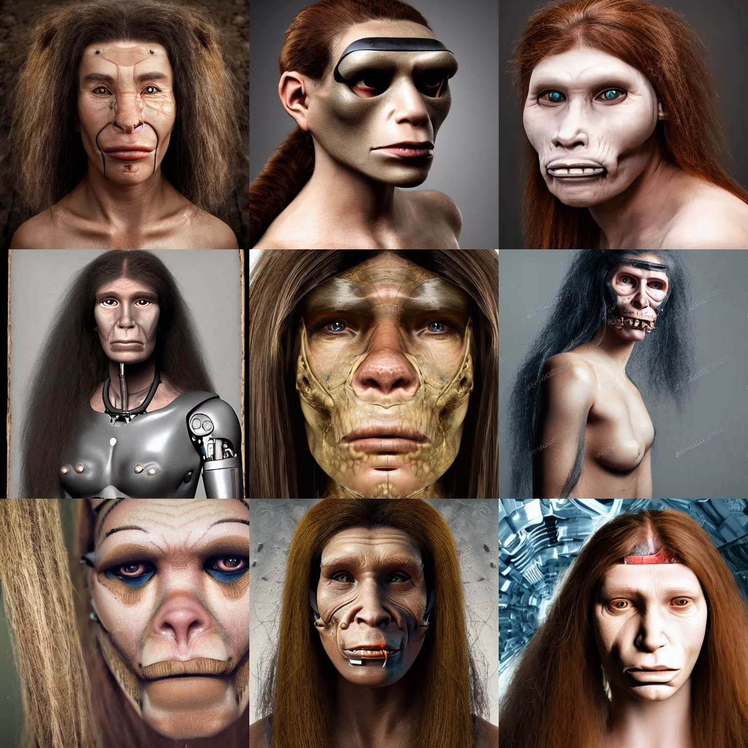 Prompt: portrait photo of a female cyborg Neanderthal