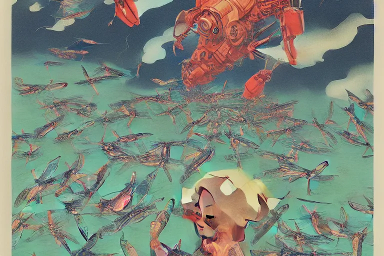 Image similar to gigantic dragonflies with human faces catch tiny robots, a lot of exotic mechas robots around, human heads everywhere, risograph by kawase hasui, dirtyrobot, edward hopper, satoshi kon and moebius, colorful flat surreal design, super - detailed, a lot of tiny details, fullshot
