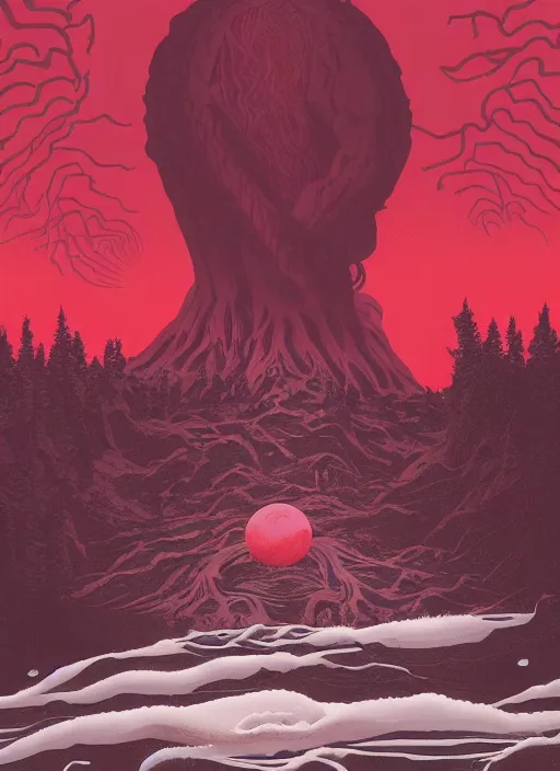 Image similar to Twin Peaks movie poster artwork by Michael Whelan and Tomer Hanuka, Rendering of Blood moon tentacles, from a scene from Twin Peaks, clean, full of detail, Matte painting, trending on artstation and unreal engine