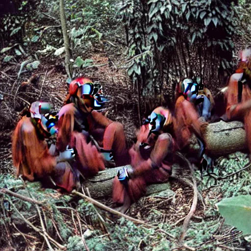 Image similar to a swat team consisting of orangutans listening a briefing from their gorilla leader, award winning vintage 1 9 9 0 photo