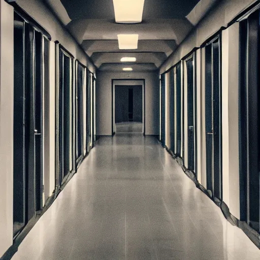 Prompt: a dark and recursive hallway with many doors, with a heavenly glow