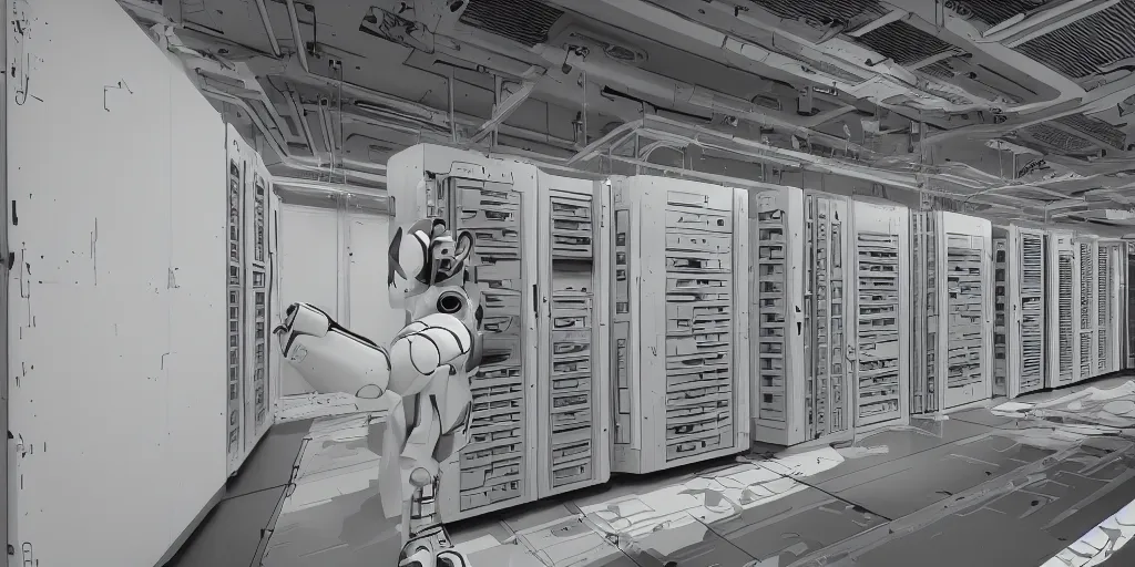 Image similar to parallax datacenter server room white rusty robocowboy in artstation