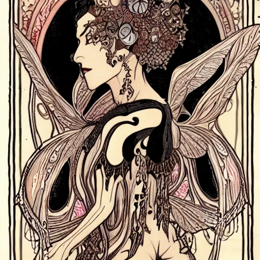 Image similar to Eldritch fairy lovecraft Woman with Art-Nouveau moth wings, black hair, Kali, and the Bodhisattva's Thousand Arms