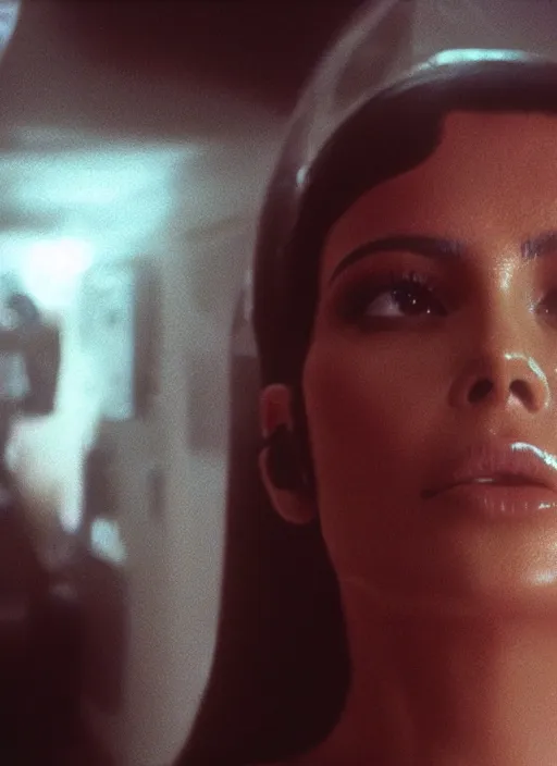 Prompt: film still of kim kardashian in the movie Alien, facehugger mounted on face, unconscious, cinematic shot, 4k.