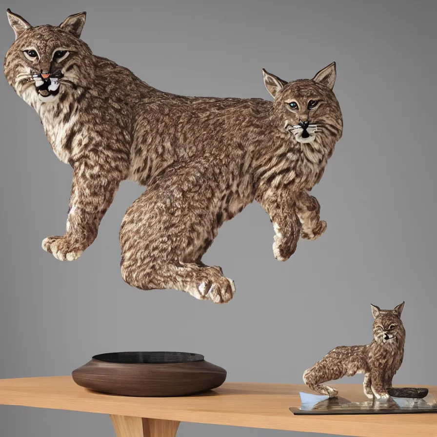 Image similar to beautiful gallery show studio photograph of a giant realistic curvy ceramic sculpture of a hungry bobcat!!!!!, glazed by bridget riley and victor vasarely, placed on a polished wooden table, colorful hyperrealism 8 k trending on artstation