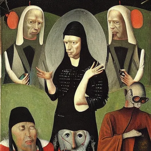 Image similar to three electronic musicians painted in the style of Hieronymus Bosch