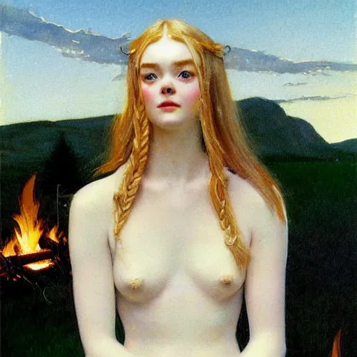 Image similar to Painting of Elle Fanning at the bonfire of firelink shrine, long blonde hair, delicate, pale milky white porcelain skin, by Norman Rockwell and Edward Hopper. Extremely detailed.