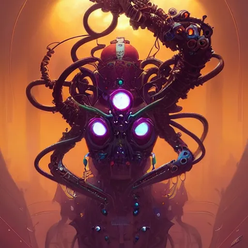 Image similar to biomechanical spider king, cyberpunk, bionics, augments, lights, cables, elegant gleaming intricate baroque jewellery, colorful, vivid, imposing, epic, digital painting, artstation, concept art, by peter mohrbacher and wlop and rhads,