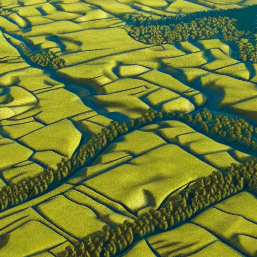 Image similar to large lush landscape, daylight, hyperdetailed, sharp, aerial view, artstation, 3 d render, ray tracing