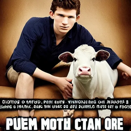 Prompt: epic move poster cow sitting on couch with tom holland