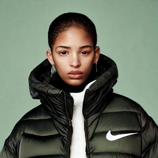 Image similar to realistic photoshooting for a new nike lookbook color film photography close up portrait of a beautiful woman model, model wears a puffer jacket, photo in style of tyler mitchell, ssense
