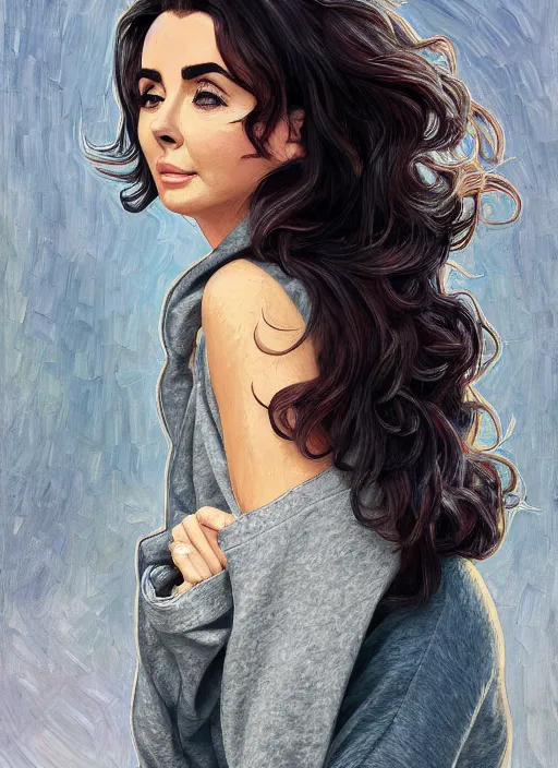 Image similar to elizabeth taylor, gray hoodie, jeans, beautiful hair, half body shot, path traced, highly detailed, high quality, digital painting, alena aenami, leonid afremov, lilia alvarado, shinji aramaki, karol bak, alphonse mucha, tom bagshaw