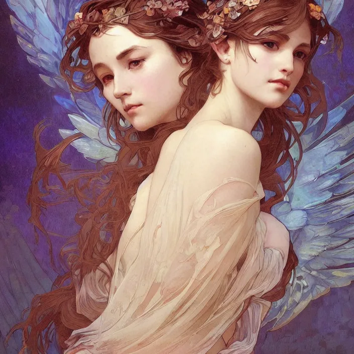 Image similar to a beautiful painting of a beautiful angel by ross tran!! and alphonse mucha and greg rutkowski! and gustav dore! and artgerm!!, in style of digital art illustration. symmetry. highly detailed face. fantasy, smooth, hyper detailed, sharp focus, soft light. trending on artstation. 4 k