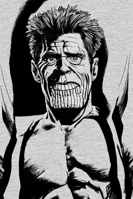 Image similar to willem dafoe wearing thanos t-shirt, photorealistic