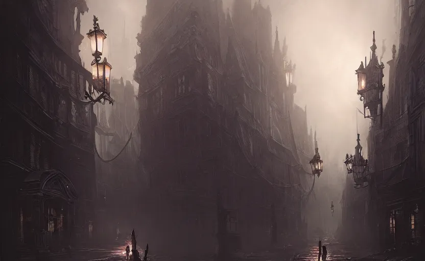 Image similar to Victorian city streets night, bloodborne, Greg Rutkowski, digital art, artstation