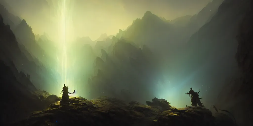 Image similar to god of light fighting against god of dark in a dark valley, nighttime, extremely detailed digital painting, in the style of fenghua zhong and ruan jia and jeremy lipking and peter mohrbacher, mystical colors, rim light, beautiful lighting, 8 k, stunning scene, raytracing, octane, trending on artstation