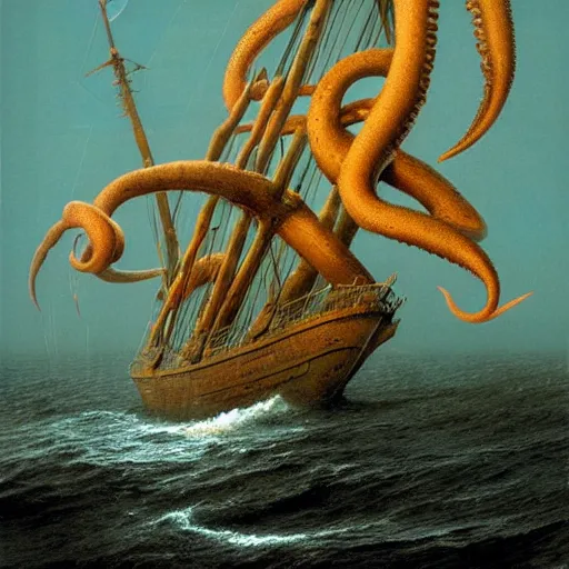 Prompt: a giant squid attacking a ship, tentacles wrapping around, by gerard brom and zdzisław beksinski