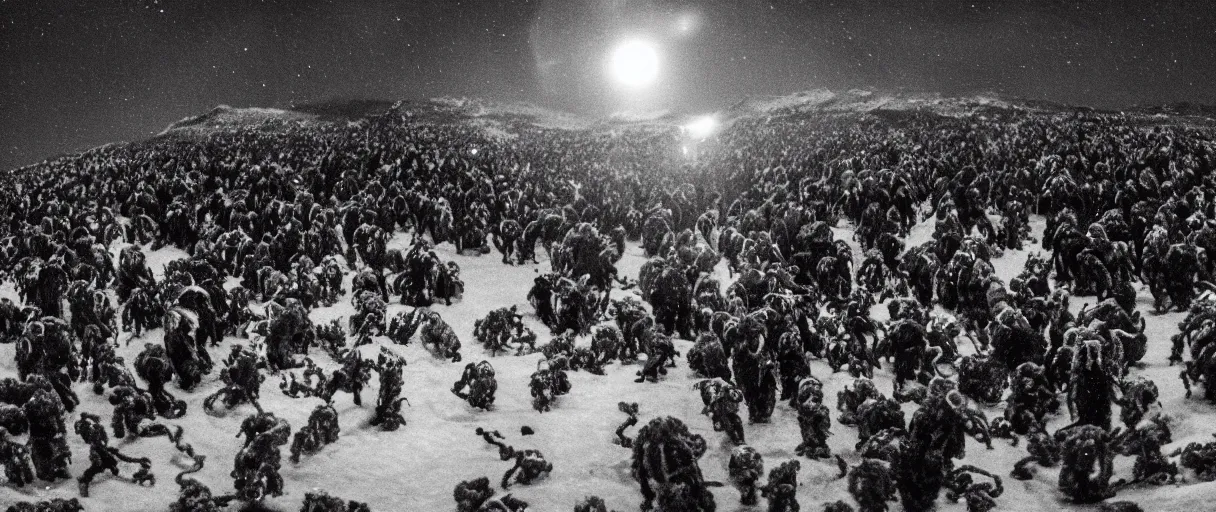 Image similar to filmic extreme close up shot movie still 4 k uhd exterior shot 3 5 mm film color photograph of a terrifying crowd of people attacking each other with tentacles and blood running in terror around mcmurdo station in antartica at night with the northern lights lighting up the sky, in the style of the horror film the thing 1 9 8 2