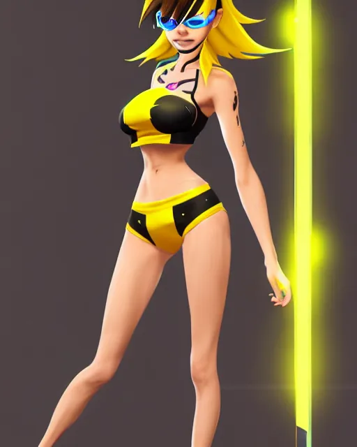 Image similar to tracer game character, in yellow bikini, blonde hair, black eyes, full height