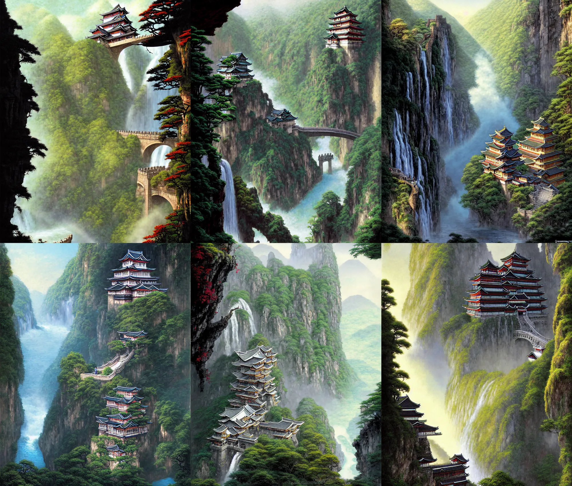 Prompt: establishing wide shot inside han son doong with waterfalls on either side of the cliff walls, at the top of the cliff is a japanese castle, a cloister is built into the cliff walls, an old suspension bridge spans the walls, sunny morning light, vibrant, beautiful, detailed digital concept art by gerald brom and james gurney