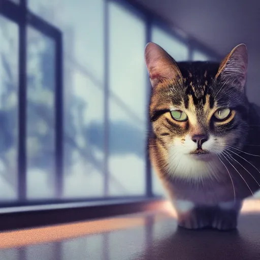 Prompt: polite cat, splash art, movie still, cinematic lighting, dramatic, octane render, long lens, shallow depth of field, bokeh, anamorphic lens flare, 8k, hyper detailed, 35mm film grain