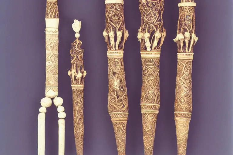 Prompt: ornate ceremonial staff made of bone with intricate carvings, shell inlay, set with green gemstones. museum catalog photograph