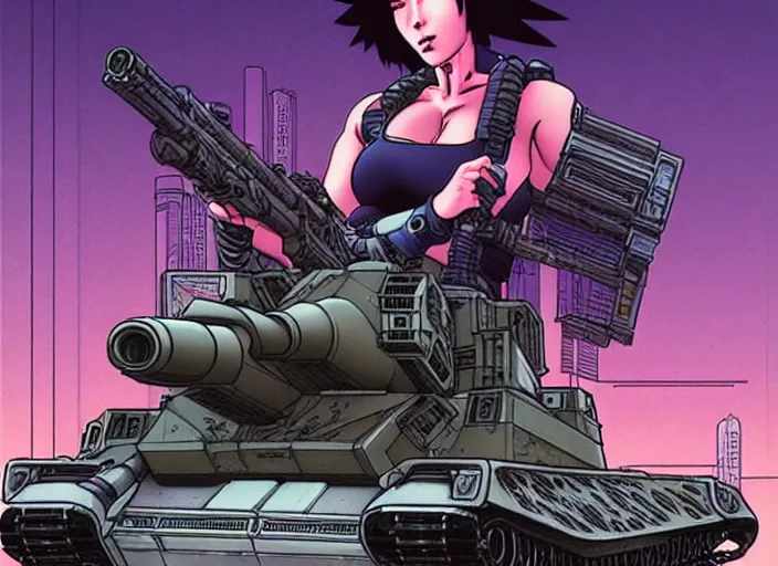 Image similar to motoko kusanagi riding a tank cannon in grungy cyberpunk megacity, intricate and finely detailed, cyberpunk vaporwave, portrait by j scott campbell, phil jimenez, ilya kuvshinov