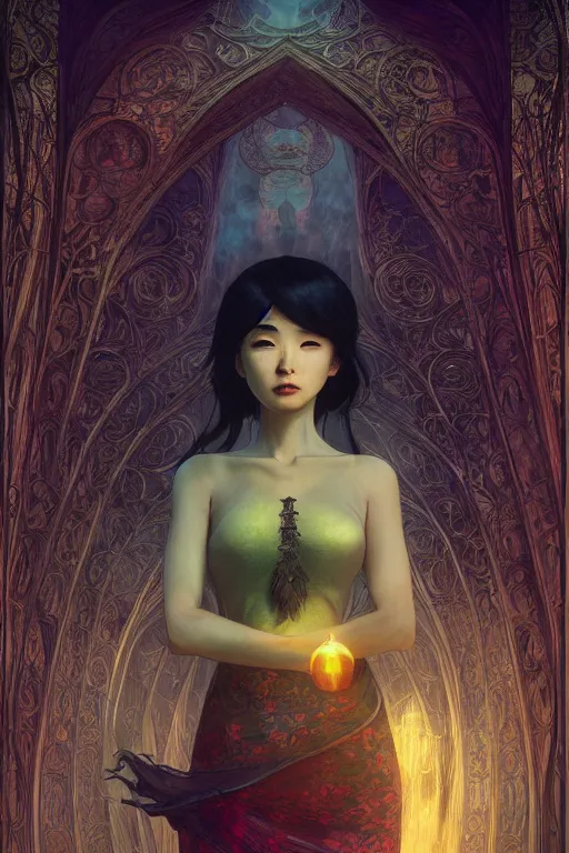 Image similar to a beautiful render of absolutely beautiful asian witch, gothic background, a beautiful face, perfectly shaded, atmospheric lighting, style of makoto shinkai, raphael lacoste, louis comfort tiffany, artgerm, karol bak, james jean, alphonse maria mucha