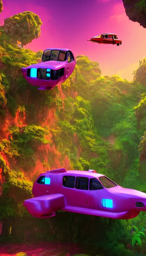 Image similar to a sci fi rusty flying car floating in a prehistoric jungle cave, lush flora, waterfall, magenta flowers, orange sky, teal clouds, sunset, hazy, volumetric lighting, rtx on, photorealistic render, unreal engine 5