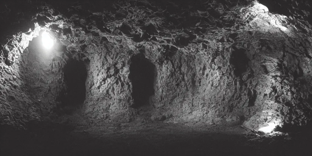 Image similar to photograph of a dark cave with reflective eyes looking back at the viewer