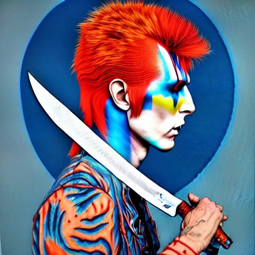 Prompt: Ziggy Stardust!!! holding a Bowie knife, james jean!!!, realism