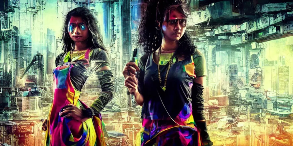 Image similar to sri lankan cyberpunk girl, film still, epic shot cinematography, rule of thirds, colorful, sci - fi tech style