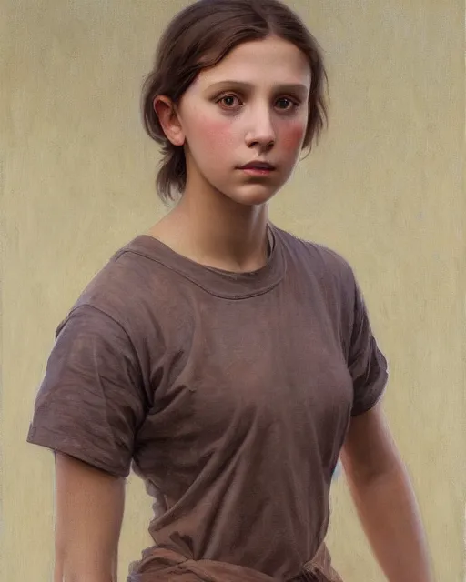 Prompt: a realistic oil painting of a girl resembling alicia vikander or millie bobby brown in an oversize t - shirt, highly detailed, intricate, artstation, by donato giancola and william adolphe bouguereau