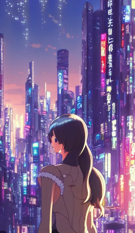 Image similar to anime fine details portrait of Lady Ann in front of cyberpunk moder city landscape on the background deep bokeh, close-up view, anime masterpiece by Studio Ghibli. 8k, sharp high quality anime, artstation