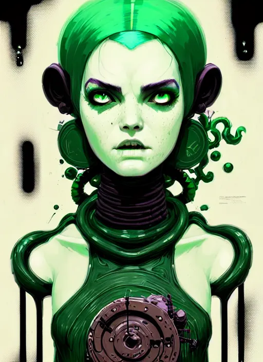 Prompt: highly detailed portrait of an angry wasteland punk long dripping green poison hair tribal android lady, stray wiring by atey ghailan, james gilleard, by joe fenton, by greg rutkowski, by greg tocchini, by kaethe butcher, 4 k resolution, gradient purple, brown black and white color scheme!!! ( ( green flaming robotic sewer background ) )