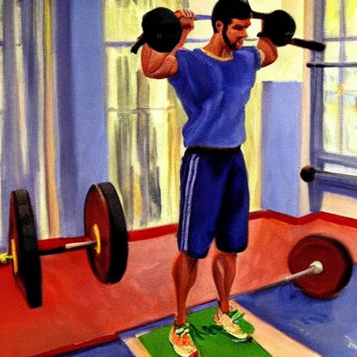 Prompt: chad curling weights training biceps at the gym perfect high resolution painting by monet