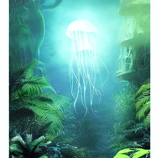 Image similar to floating luminescent jellyfish in an alien nocturnal jungle, matte painting, landscape, mysterious