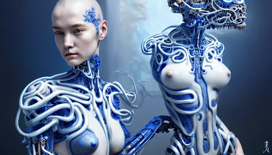 Image similar to organic cyborg, chinese blue and white porcelain, diffuse lighting, fantasy, intricate, elegant, highly detailed, lifelike, photorealistic, digital painting, artstation, illustration, concept art, smooth, sharp focus, by john collier and albert aublet and krenz cushart and artem demura and james jean h 8 9 6