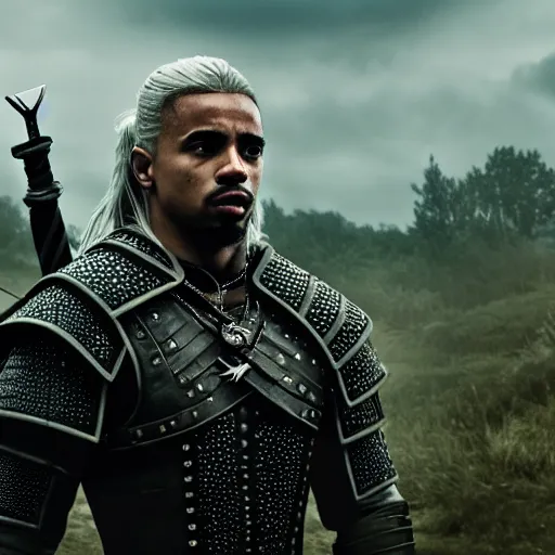 Prompt: Gabriel Jesus as The Witcher, 4K, epic, cinematic, focus, movie still, fantasy, serious, extreme detail, atmospheric, dark colour