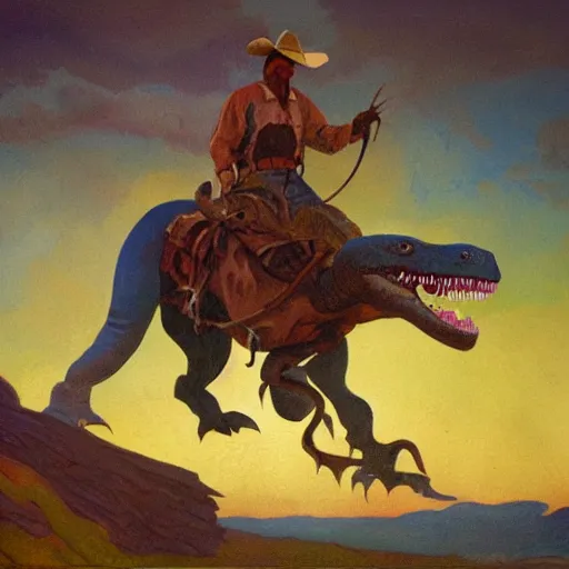 Image similar to a painting of a cowboy riding a dinosaur in the style of n. c. wyeth and in the style of james gurney.