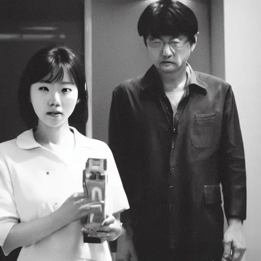 Image similar to archive of the actress Choi Eun-Hee and director Shin Sang-ok, Reuters, 35mm film, film grain, mysterious exterior, underexposed