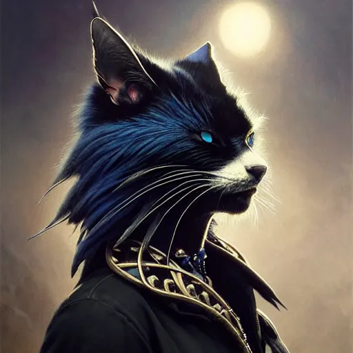 Image similar to portrait painting of a punk catfolk bard with blue eyes and black fur, ultra realistic, concept art, intricate details, eerie, highly detailed, photorealistic, octane render, 8 k, unreal engine. art by artgerm and greg rutkowski and charlie bowater and magali villeneuve and alphonse mucha