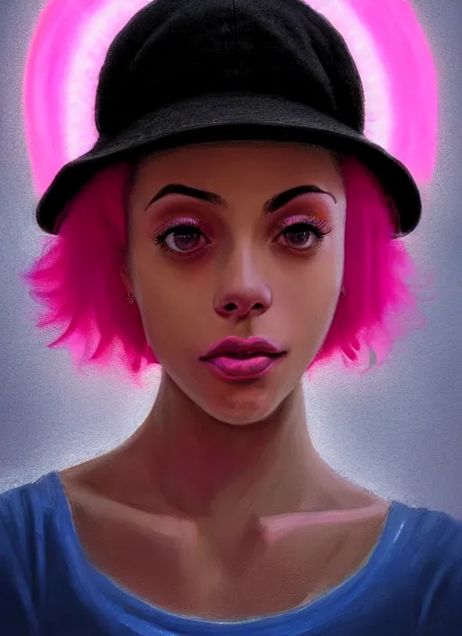 Image similar to portrait of teenage vanessa morgan with bright pink hair, black girl, curly pixie cut hair, wearing newsboy cap, pink short haircut, newsboy cap, hoop earrings, blue eyes, intricate, elegant, glowing lights, highly detailed, digital painting, artstation, concept art, smooth, sharp focus, illustration, art by wlop, mars ravelo and greg rutkowski