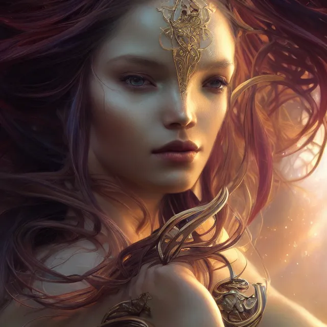 Prompt: close up portrait of a beautiful fantasy female goddess, shiny skin, glowing hair, glowing armor, subsurface scattering, ethereal, artistic, dark glowing background with light rays, fantasy atmosphere. art by artgerm, greg rutkowski and alphonse mucha, highly detailed skin, intricate, lifelike. sci - fi, fantasy, magical, octane render,