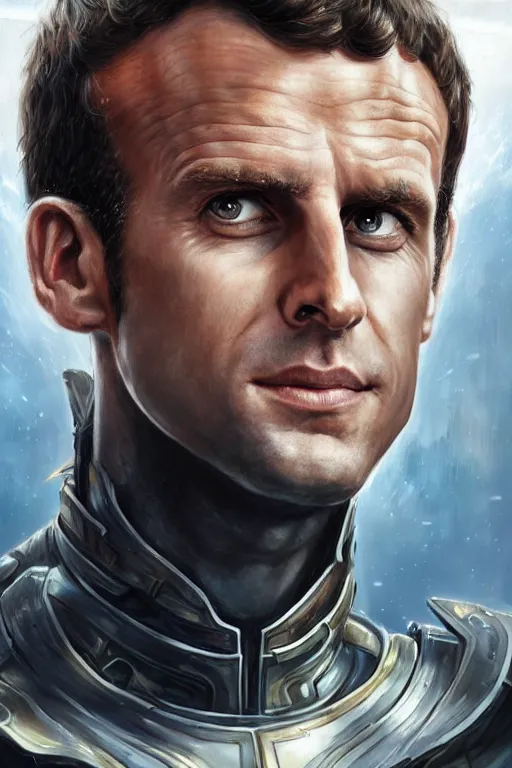 Image similar to portrait of emmanuel macron in futuristic armor, realistic, high definition, 4 k, shimmering color, hyper detailed, art of greg rutkowski and magali villeneuve and artgerm