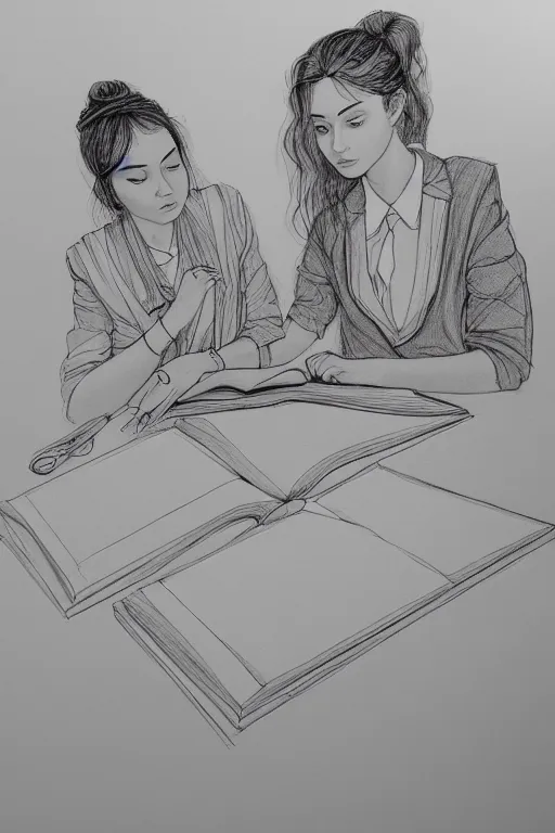 Image similar to portrait of two wise and very beautiful women reviewing some texts, drawn by a child, intricate, elegant, highly detailed, smooth, sharp focus, artstation