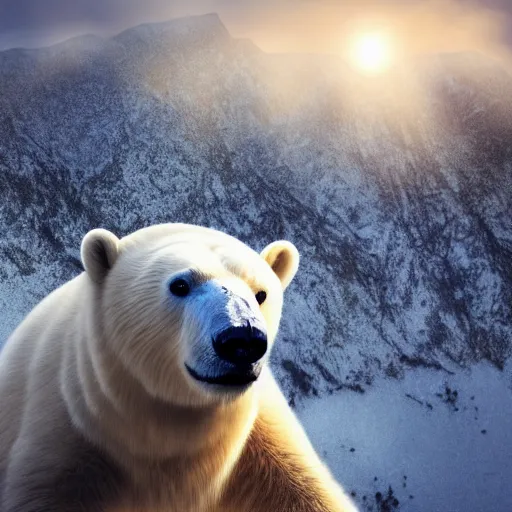 Prompt: a beautiful photo of a polar bear on a mountain, hyper realistic, natural light, concept art, cozy, atmospheric and cinematic lighting