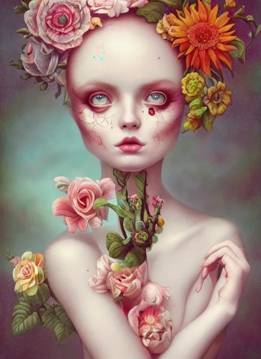Image similar to pop surrealism, lowbrow art, realistic cute flowers painting, hyper realism, muted colours, rococo, natalie shau, loreta lux, tom bagshaw, mark ryden, trevor brown style,